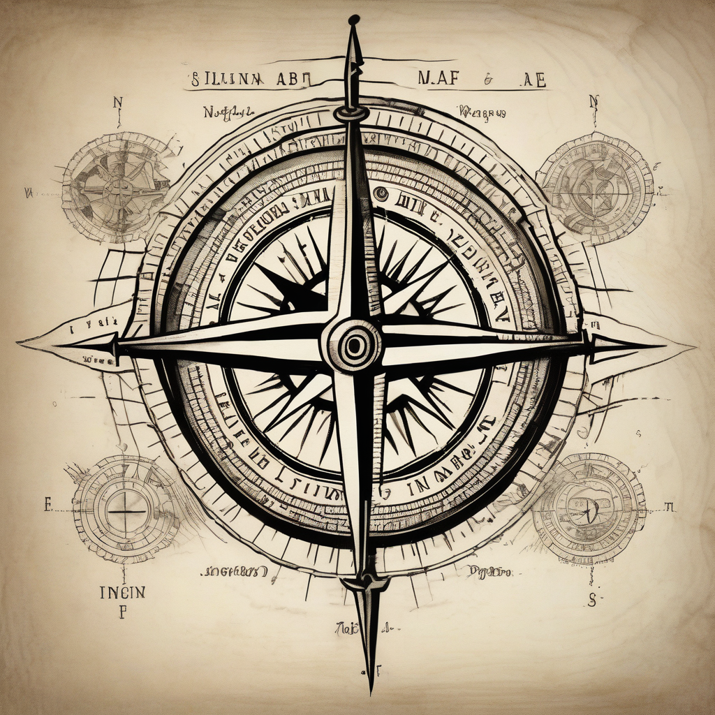 Compass on the back of the palm in the shape of Nigeria with longitude written on the top and latitude written on the bottom. Draw lines from a treasure map connecting from the arm to the tattoo half sleeve tattoos for men, AI-generated Black and White tattoo design
